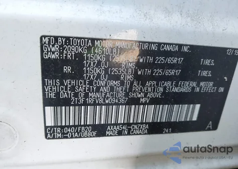 2020 Toyota Rav4 Le из США, поврежденный, VIN 2T3F1RFV8LW094367